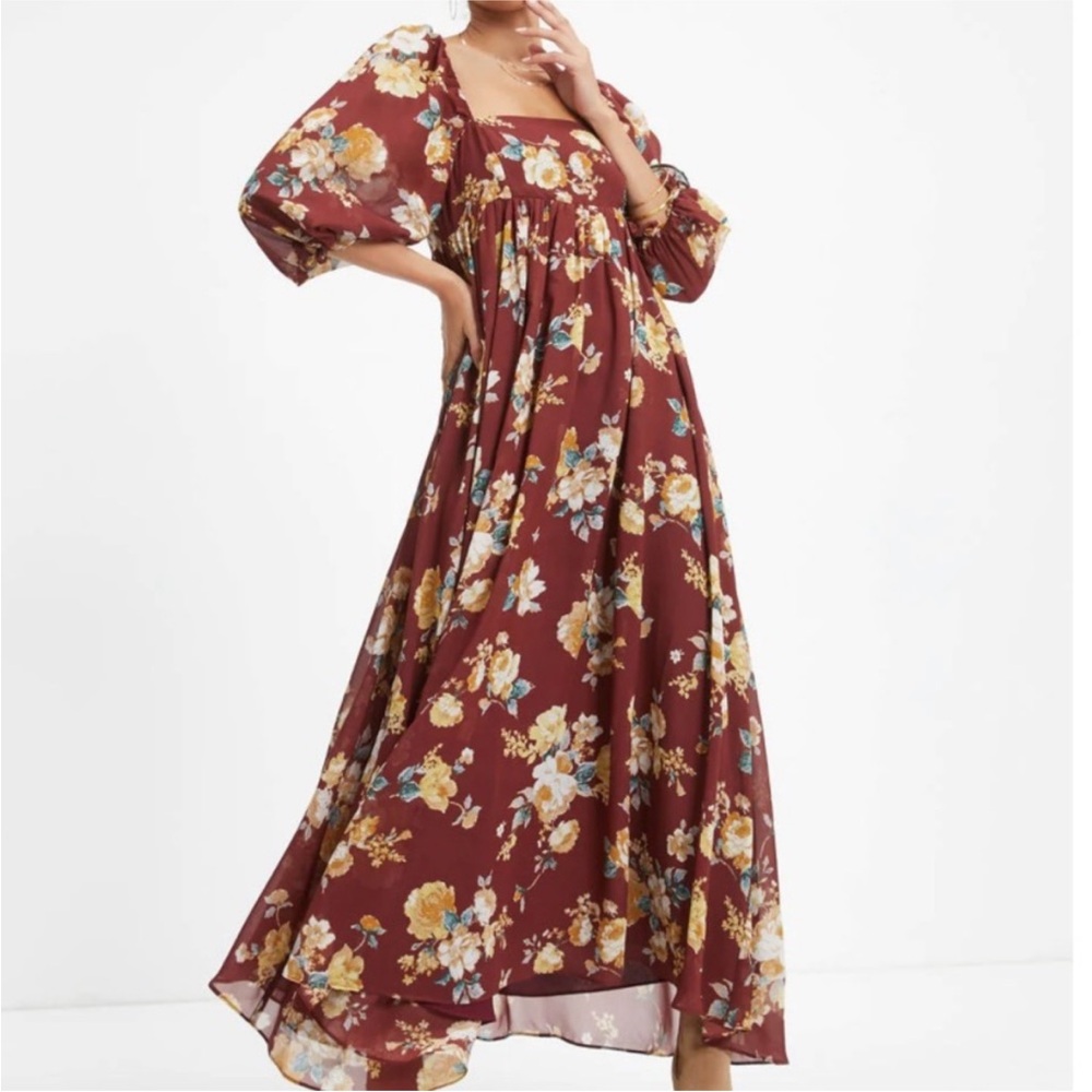 STORIA Remi Babydoll Floral Chiffon Maxi Ankle Dress Ballon elbow Sleeve